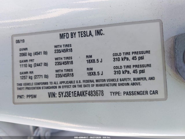 45964817 :رقم المزاد ، 5YJ3E1EA4KF483678 vin ، 2019 Tesla Model 3 Long Range/mid Range/standard Range/standard Range Plus مزاد بيع