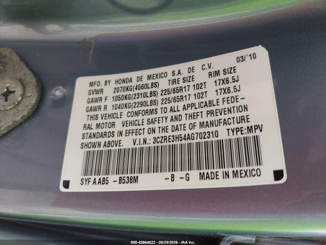 45964822 :رقم المزاد ، 3CZRE3H54AG702310 vin ، 2010 Honda Cr-v Ex مزاد بيع