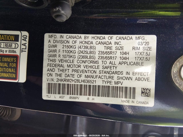 45964851 :رقم المزاد ، 2HKRW2H28LH636521 vin ، 2020 Honda Cr-v Awd Lx مزاد بيع