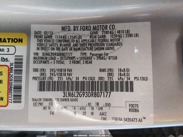 Aukcja sprzedaży 2013 Lincoln Mkz, vin: 3LN6L2G93DR807177, numer aukcji: 45964858