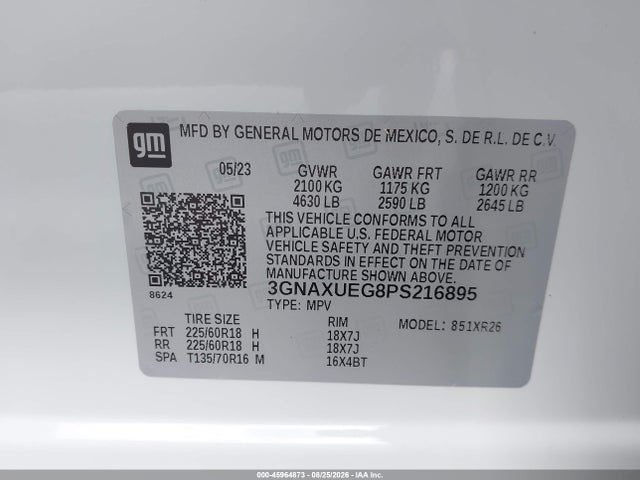 45964873 :رقم المزاد ، 3GNAXUEG8PS216895 vin ، 2023 Chevrolet Equinox Awd Lt مزاد بيع