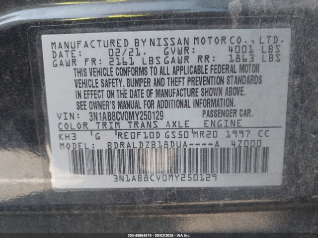 2021 Nissan Sentra Sv Xtronic Cvt მანქანა იყიდება აუქციონზე, vin: 3N1AB8CV0MY250129, აუქციონის ნომერი: 45964875