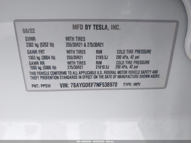2022 Tesla Model Y Performance Dual Motor All-wheel Drive მანქანა იყიდება აუქციონზე, vin: 7SAYGDEF7NF538970, აუქციონის ნომერი: 45964889