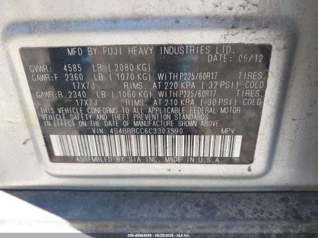 45964899 :رقم المزاد ، 4S4BRBCC6C3303590 vin ، 2012 Subaru Outback 2.5i Premium مزاد بيع
