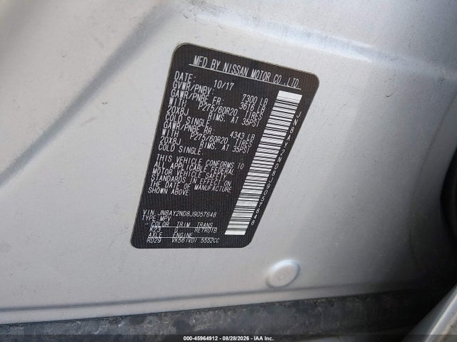 2018 Nissan Armada Sl მანქანა იყიდება აუქციონზე, vin: JN8AY2ND8J9057648, აუქციონის ნომერი: 45964912