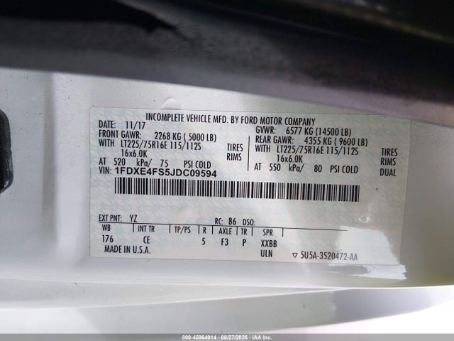 45964914 :رقم المزاد ، 1FDXE4FS5JDC09594 vin ، 2018 Ford E-450 Cutaway مزاد بيع