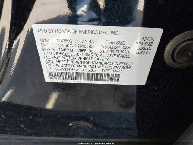 2020 Acura Mdx Technology Package მანქანა იყიდება აუქციონზე, vin: 5J8YD4H5XLL055008, აუქციონის ნომერი: 45964918