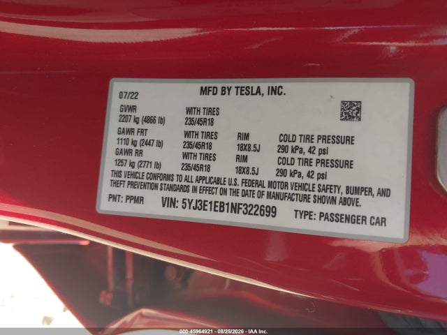 Aukcja sprzedaży 2022 Tesla Model 3 Long Range Dual Motor All-wheel Drive, vin: 5YJ3E1EB1NF322699, numer aukcji: 45964921