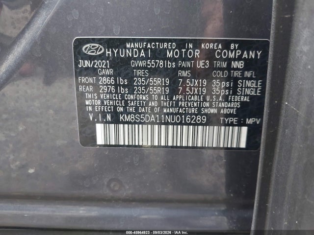 2022 Hyundai Santa Fe Hybrid Limited მანქანა იყიდება აუქციონზე, vin: KM8S5DA11NU016289, აუქციონის ნომერი: 45964923