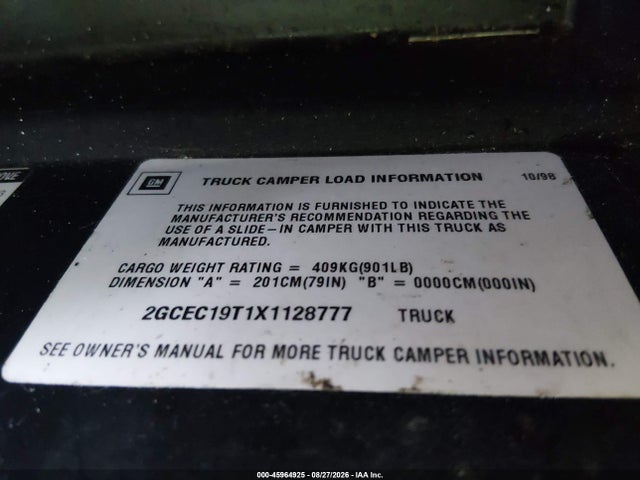 1999 Chevrolet Silverado 1500 Ls მანქანა იყიდება აუქციონზე, vin: 2GCEC19T1X1128777, აუქციონის ნომერი: 45964925
