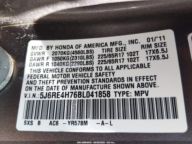 2011 Honda Cr-v Ex-l მანქანა იყიდება აუქციონზე, vin: 5J6RE4H76BL041858, აუქციონის ნომერი: 45964930