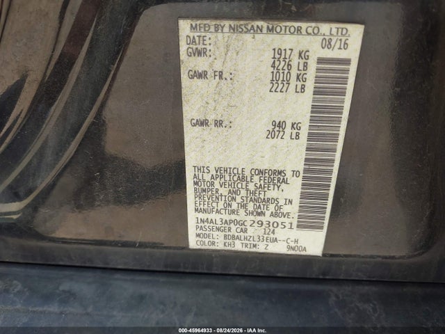 Продаж на аукціоні авто 2016 Nissan Altima 2.5 Sr, vin: 1N4AL3AP0GC293051, номер лоту: 45964933
