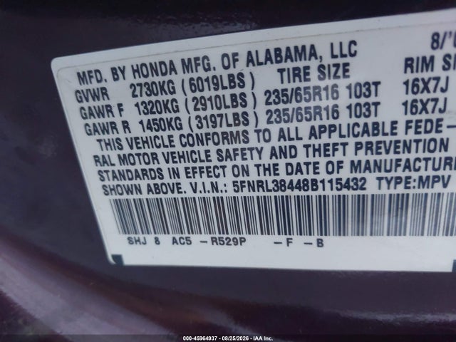 2008 Honda Odyssey Ex მანქანა იყიდება აუქციონზე, vin: 5FNRL38448B115432, აუქციონის ნომერი: 45964937