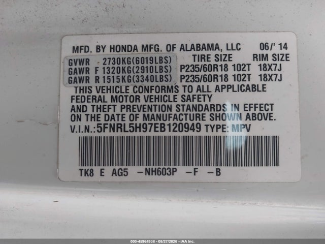 Продажа на аукционе авто 2014 Honda Odyssey Touring/touring Elite, vin: 5FNRL5H97EB120949, номер лота: 45964938
