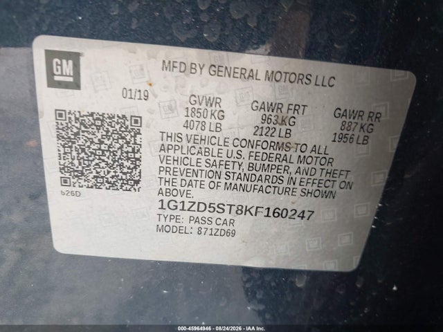 2019 Chevrolet Malibu Lt მანქანა იყიდება აუქციონზე, vin: 1G1ZD5ST8KF160247, აუქციონის ნომერი: 45964946