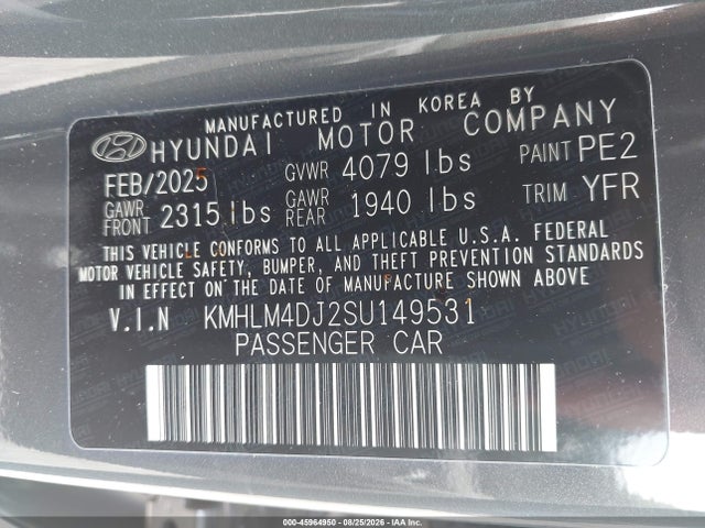 Продажа на аукционе авто 2025 Hyundai Elantra Hybrid Sel Sport, vin: KMHLM4DJ2SU149531, номер лота: 45964950