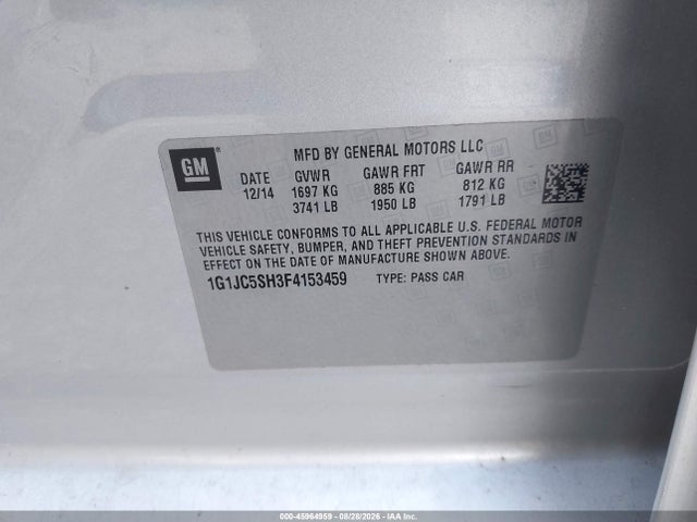 2015 Chevrolet Sonic Lt Auto მანქანა იყიდება აუქციონზე, vin: 1G1JC5SH3F4153459, აუქციონის ნომერი: 45964959