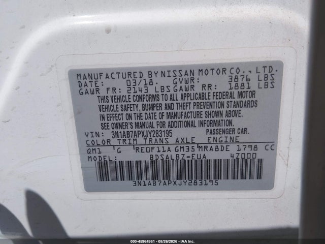 Продажа на аукционе авто 2018 Nissan Sentra S, vin: 3N1AB7APXJY283195, номер лота: 45964961