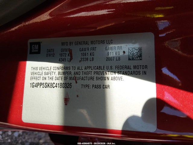 2012 Buick Verano მანქანა იყიდება აუქციონზე, vin: 1G4PP5SK8C4180326, აუქციონის ნომერი: 45964970