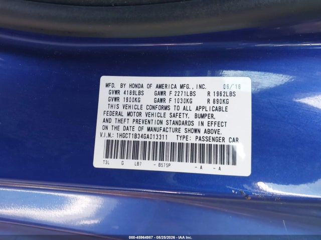 Aukcja sprzedaży 2016 Honda Accord Lx-s, vin: 1HGCT1B34GA013311, numer aukcji: 45964987