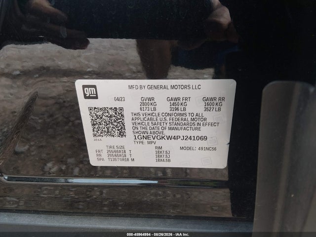 45964994 :رقم المزاد ، 1GNEVGKW4PJ241069 vin ، 2023 Chevrolet Traverse Awd Lt Cloth مزاد بيع