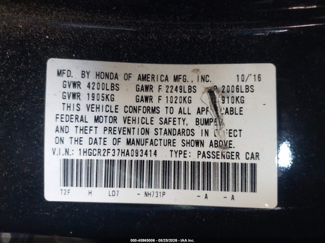 Продажа на аукционе авто 2017 Honda Accord Lx, vin: 1HGCR2F37HA093414, номер лота: 45965006