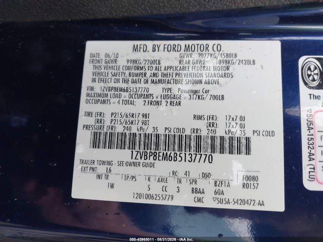 45965011 :رقم المزاد ، 1ZVBP8EM6B5137770 vin ، 2011 Ford Mustang V6 مزاد بيع