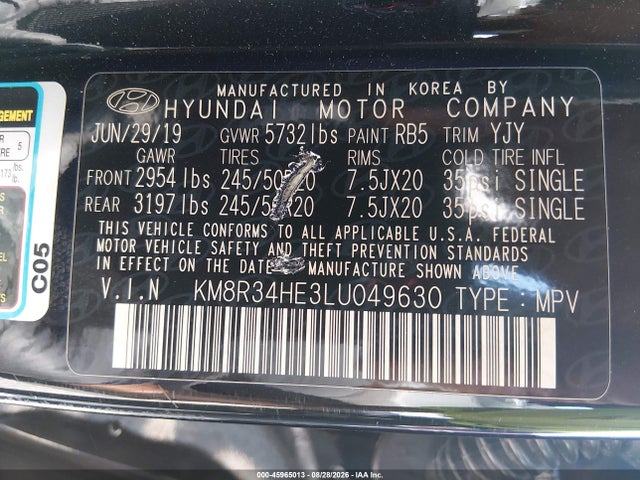 45965013 :رقم المزاد ، KM8R34HE3LU049630 vin ، 2020 Hyundai Palisade Sel مزاد بيع