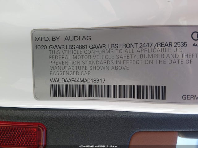 2021 Audi A4 Premium 45 Tfsi S Line Quattro S Tronic მანქანა იყიდება აუქციონზე, vin: WAUDAAF44MA018917, აუქციონის ნომერი: 45965020