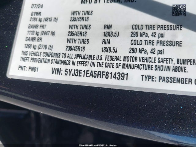 Auction sale of the 2024 Tesla Model 3 Long Range Dual Motor All-wheel Drive/rear-wheel Drive, vin: 5YJ3E1EA5RF814391, lot number: 45965029