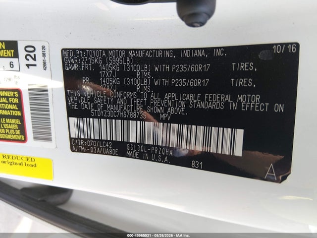 2017 Toyota Sienna Xle Premium 8 Passenger მანქანა იყიდება აუქციონზე, vin: 5TDYZ3DC7HS788735, აუქციონის ნომერი: 45965031