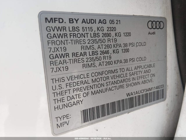 45965044 :رقم المزاد ، WA1AUCF34M1148223 vin ، 2021 Audi Q3 Premium 40 Tfsi Quattro Tiptronic مزاد بيع