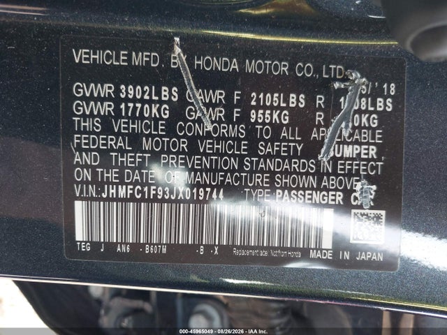 Aukcja sprzedaży 2018 Honda Civic Touring, vin: JHMFC1F93JX019744, numer aukcji: 45965049