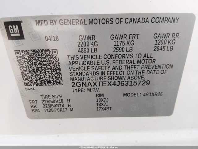 2018 Chevrolet Equinox Lt მანქანა იყიდება აუქციონზე, vin: 2GNAXTEX4J6315729, აუქციონის ნომერი: 45965070
