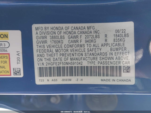 Продаж на аукціоні авто 2022 Honda Civic Sport, vin: 2HGFE2F50NH591042, номер лоту: 45965073