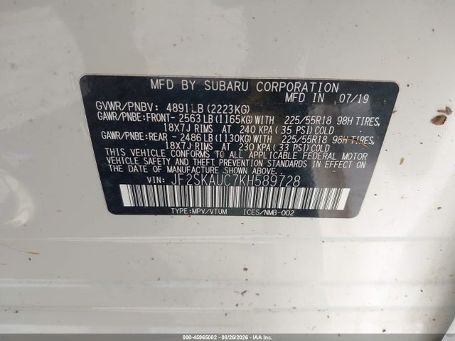 Продажа на аукционе авто 2019 Subaru Forester Limited, vin: JF2SKAUC7KH589728, номер лота: 45965082