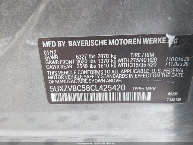 Продаж на аукціоні авто 2012 Bmw X5 Xdrive50i, vin: 5UXZV8C58CL425420, номер лоту: 45965093