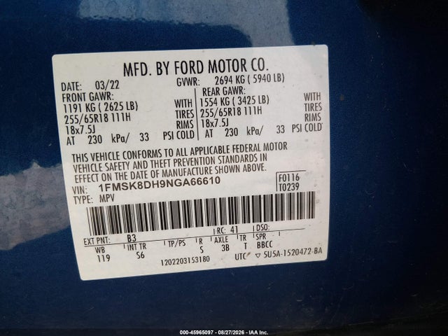 Aukcja sprzedaży 2022 Ford Explorer Xlt, vin: 1FMSK8DH9NGA66610, numer aukcji: 45965097