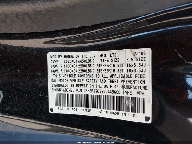 Продажа на аукционе авто 2006 Honda Cr-v Se, vin: SHSRD78996U445606, номер лота: 45965115
