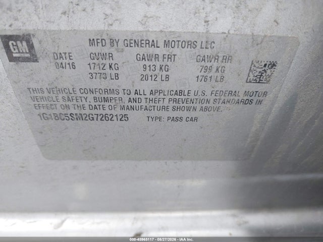 45965117 :رقم المزاد ، 1G1BC5SM2G7262125 vin ، 2016 Chevrolet Cruze Ls Auto مزاد بيع