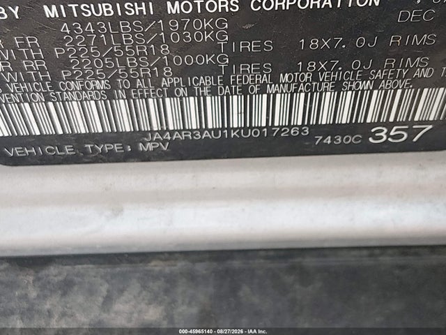JA4AR3AU1KU017263 Mitsubishi Outlander Sport 2.0 Le