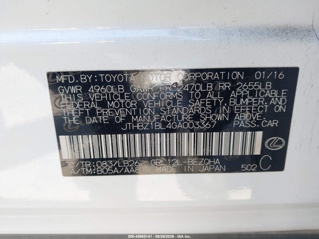 45965141 :رقم المزاد ، JTHBZ1BL4GA003367 vin ، 2016 Lexus Gs 350 F Sport مزاد بيع