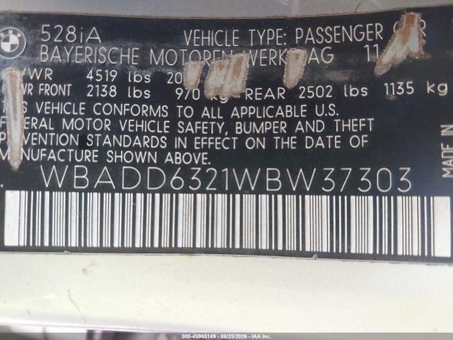 45965149 :رقم المزاد ، WBADD6321WBW37303 vin ، 1998 Bmw 528i مزاد بيع