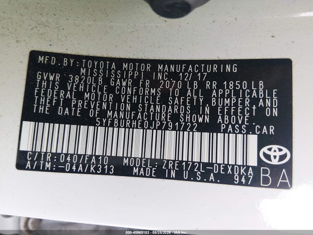 Продажа на аукционе авто 2018 Toyota Corolla L, vin: 5YFBURHE0JP791722, номер лота: 45965153
