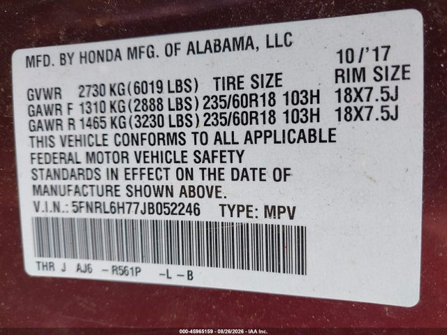 45965159 :رقم المزاد ، 5FNRL6H77JB052246 vin ، 2018 Honda Odyssey Ex-l مزاد بيع