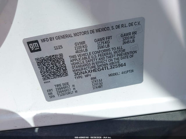2026 Chevrolet Equinox Fwd Lt მანქანა იყიდება აუქციონზე, vin: 3GNAXHEG4TL325964, აუქციონის ნომერი: 45965165