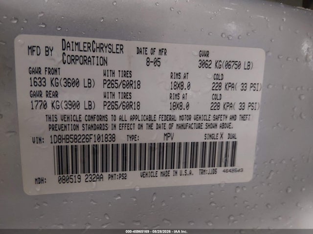 2006 Dodge Durango Limited მანქანა იყიდება აუქციონზე, vin: 1D8HB58226F101838, აუქციონის ნომერი: 45965169
