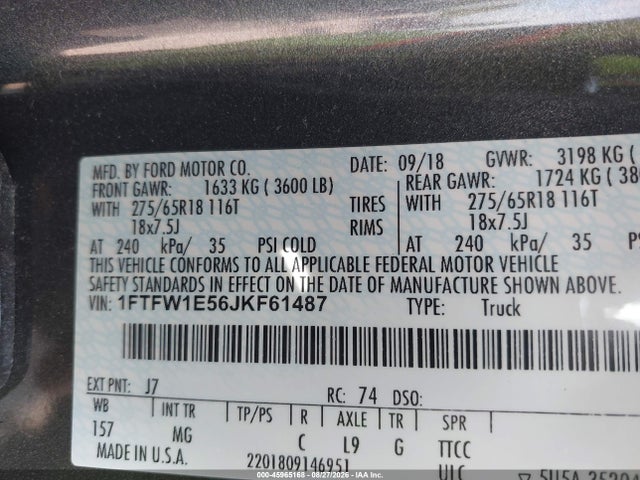 2018 Ford F-150 Xlt მანქანა იყიდება აუქციონზე, vin: 1FTFW1E56JKF61487, აუქციონის ნომერი: 45965168