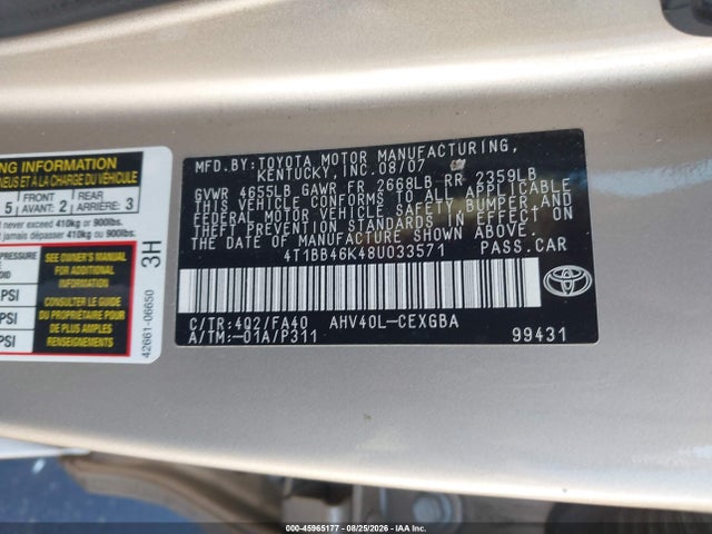 Aukcja sprzedaży 2008 Toyota Camry Hybrid, vin: 4T1BB46K48U033571, numer aukcji: 45965177