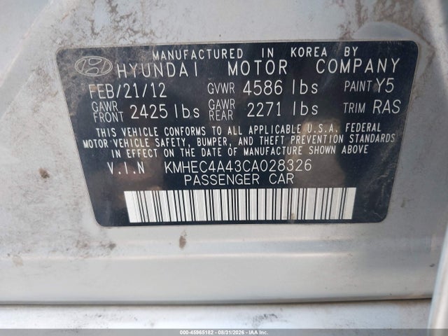 2012 Hyundai Sonata Hybrid მანქანა იყიდება აუქციონზე, vin: KMHEC4A43CA028326, აუქციონის ნომერი: 45965182